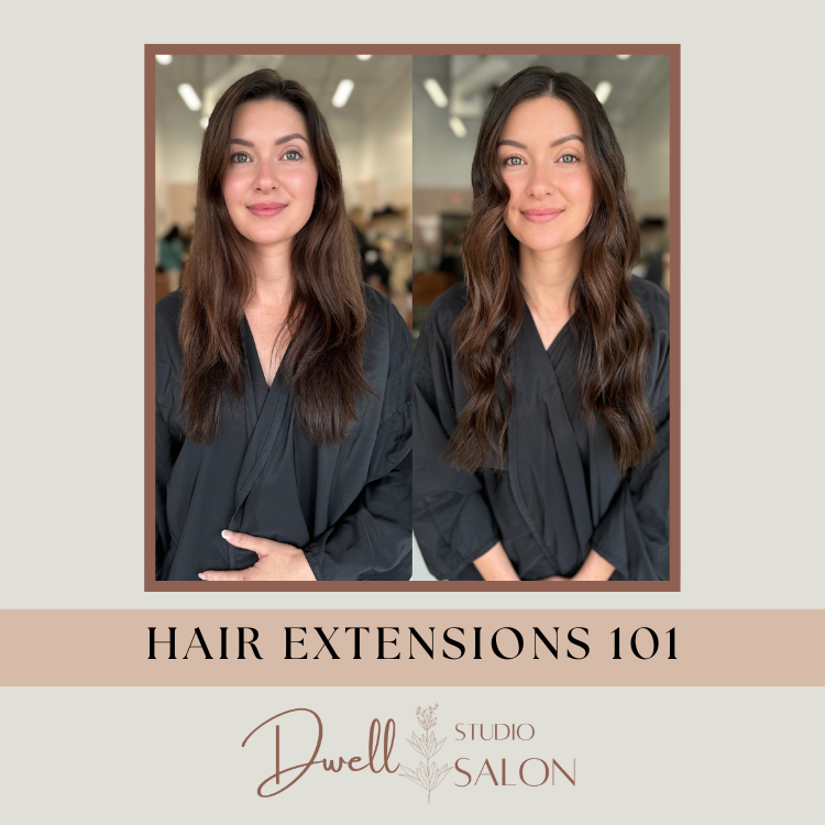 Side-by-side before and after transformation of a brunette woman showing added length and wavy volume from hair extensions at Dwell Studio Salon.