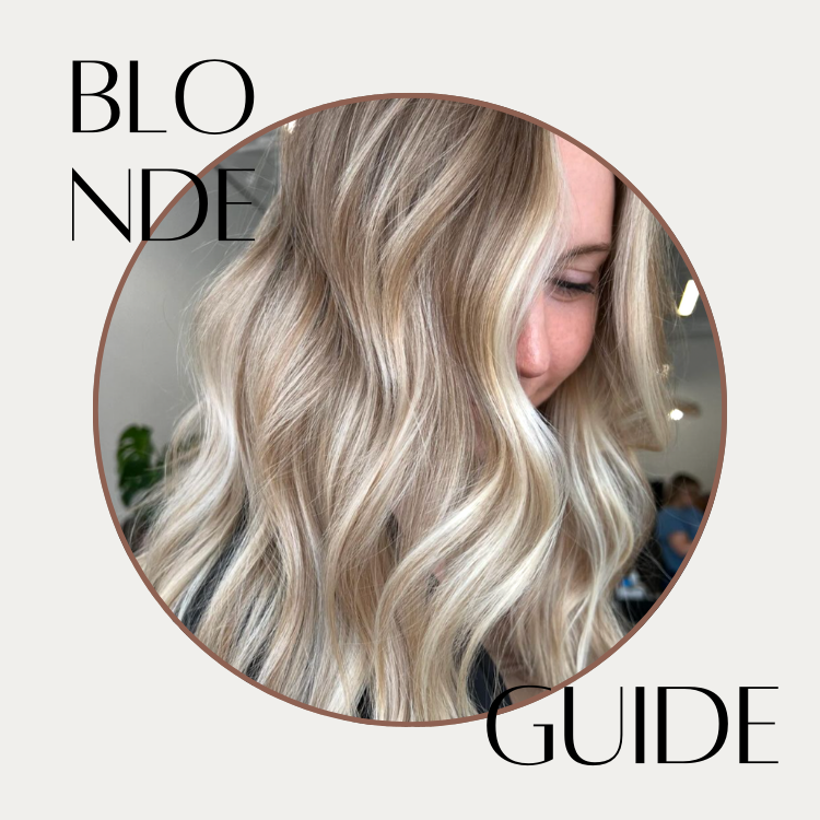 Close-up circle graphic of a woman with bright blonde balayage highlights and styled waves, with text reading "Blonde Guide".