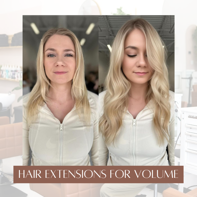Side-by-side before and after comparison of a blonde woman receiving hair extensions for added volume and fullness, styled with loose waves.
