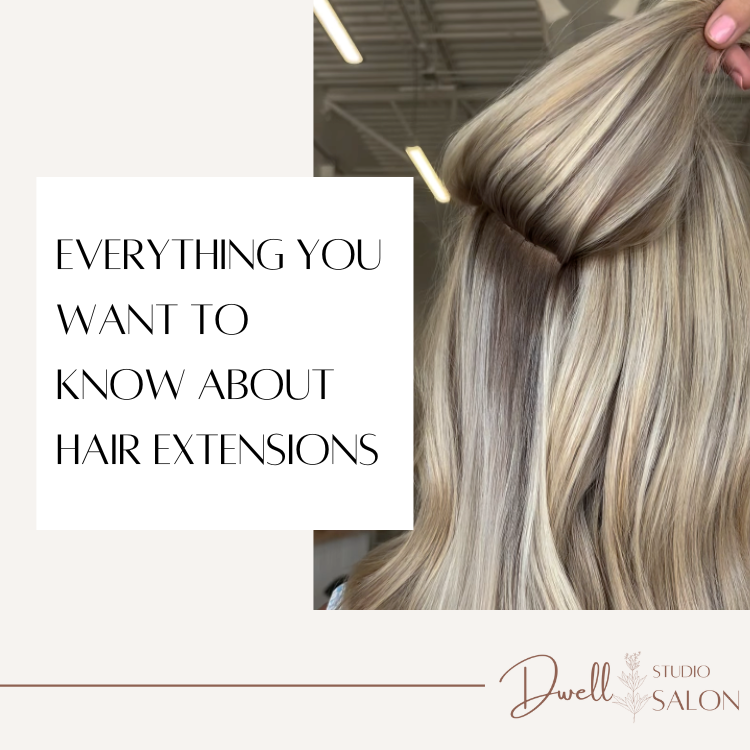 Stylist lifting a top section of blonde highlighted hair to show seamless hair extension placement, with text reading "Everything you want to know about hair extensions".
