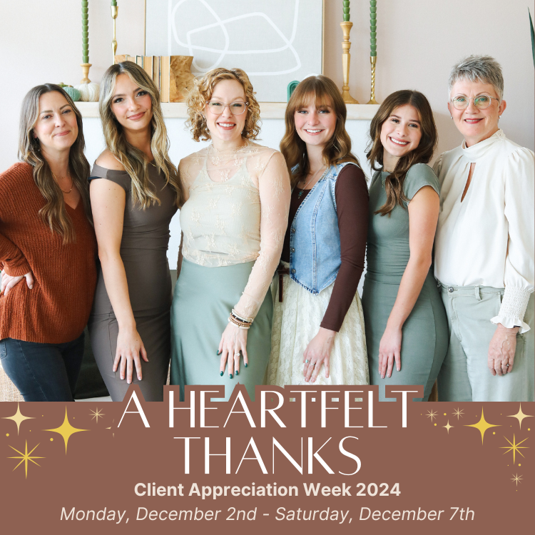 Six female salon staff members posing together in neutral-toned stylish outfits, with banner text reading "A Heartfelt Thanks - Client Appreciation Week 2024".