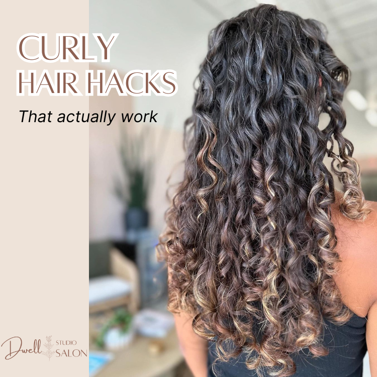 Back view of a client showing long, defined brunette curls with subtle highlights, featuring graphic text reading "Curly Hair Hacks That actually work".