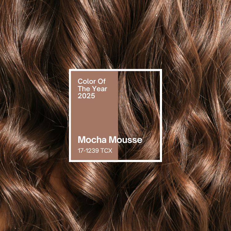 Rich brunette hair with soft waves featuring a Pantone color swatch graphic labeled "Color Of The Year 2025: Mocha Mousse".