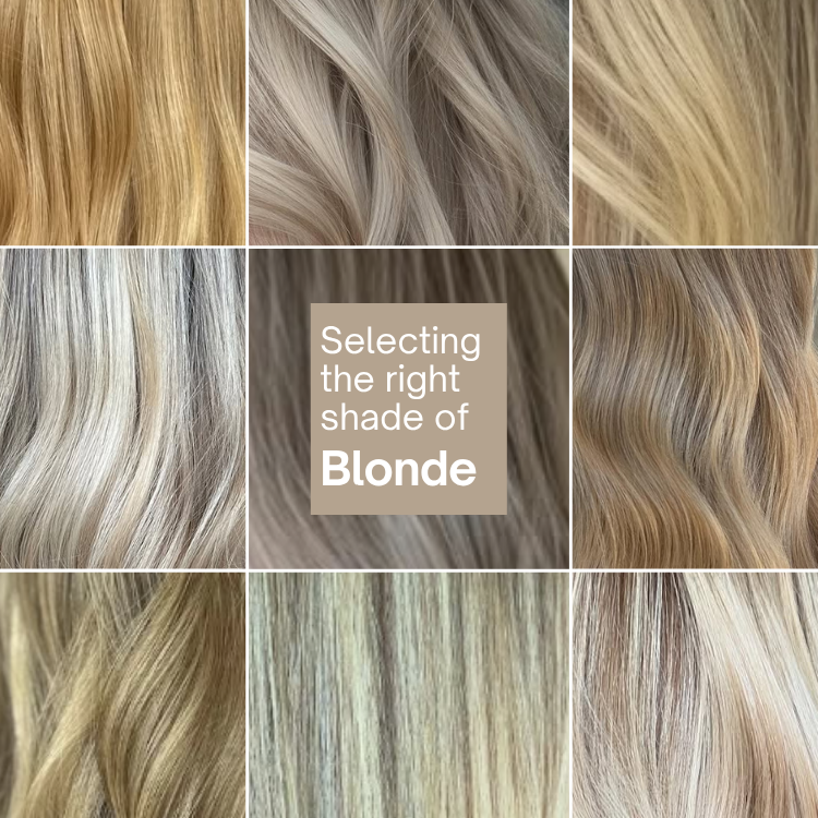 Grid collage showing nine different shades of blonde hair color swatches surrounding a central box titled "Selecting the right shade of Blonde".