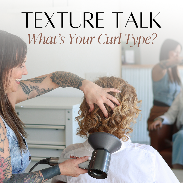 Hair stylist using a diffuser blow dryer to style a client's curly hair, overlaid with graphic text reading "Texture Talk: What's Your Curl Type?".