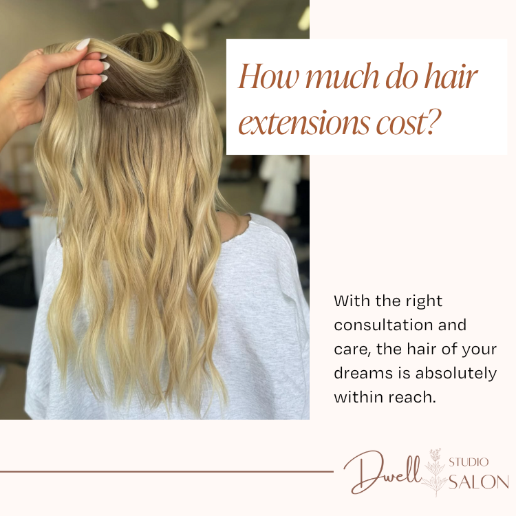 Stylist lifting a section of long blonde hair to show hand-tied hair extension track placement, with text asking "How much do hair extensions cost?".