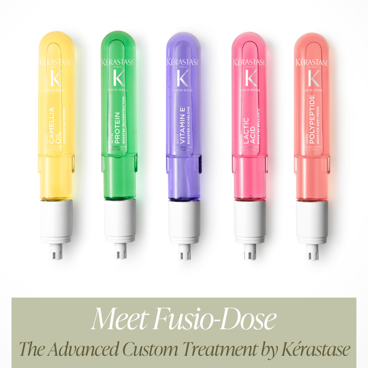Five colorful Kérastase Fusio-Dose booster vials lined up above text reading "Meet Fusio-Dose: The Advanced Custom Treatment by Kérastase".