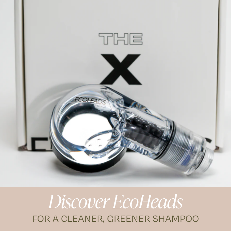 Clear EcoHeads showerhead nozzle on display with text reading Discover EcoHeads.
