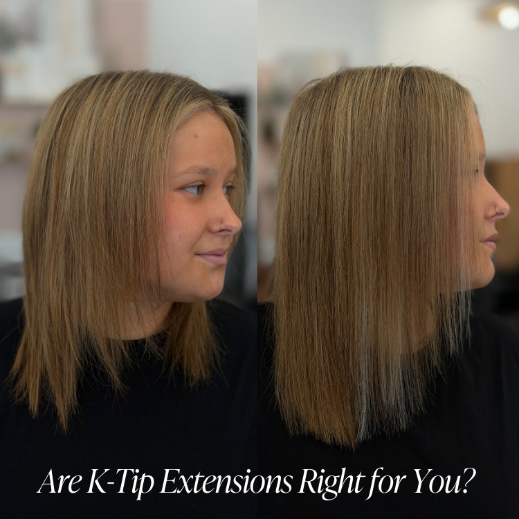 Side-by-side comparison of a woman before and after K-tip hair extensions for adding length and density to fine hair