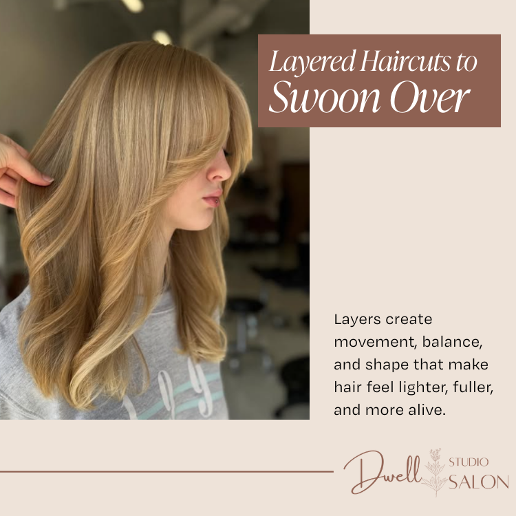 Woman with medium-length warm blonde hair featuring face-framing layers and curtain bangs at Dwell Studio Salon