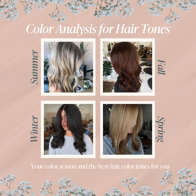 Seasonal color analysis grid displaying four hair color tones corresponding to Summer blonde, Fall auburn, Winter brunette, and Spring golden blonde