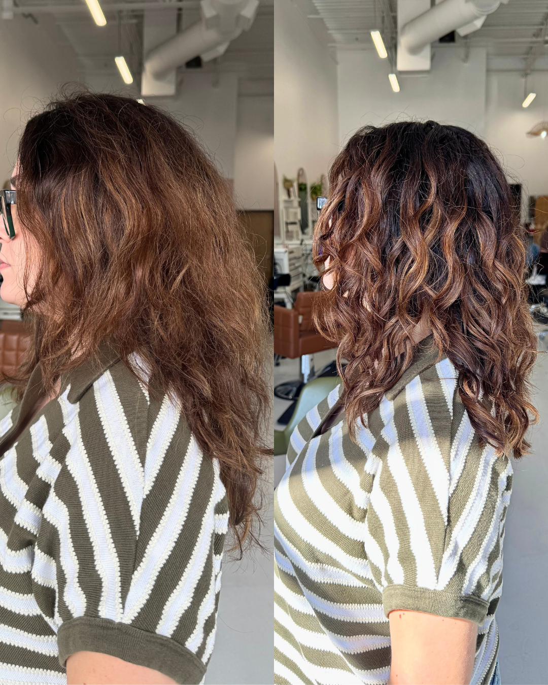Before and after of a curly haircut transformation at Dwell Studio salon in Fort Worth, TX.