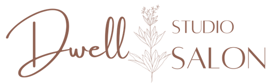Dwell Studio Salon logo displaying rose gold typography and a delicate wildflower sketch against a plain white background.