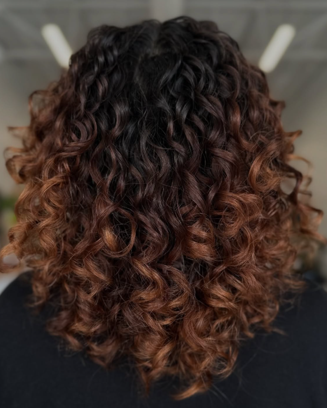 Deep brown and auburn curly hair styled with a custom Kurlpro curly cut by Abigail.